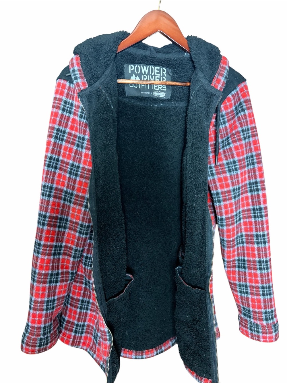 Powder River Outfitters Sherpa Teddy Plaid Berber Fleece Zip-Front Hooded Jacket - Picture 6 of 6